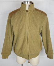 Orvis Mens Zip Front Lined Cotton Sweater Jacket Brown Leather Shoulders L - $44.55