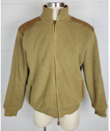 Orvis Mens Zip Front Lined Cotton Sweater Jacket Brown Leather Shoulders L - £35.03 GBP
