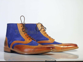 Handmade Men&#39;s Leather &amp; Suede Ankle high Blue Brown Fashion Designer Boots-592 - £213.95 GBP