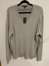 Knit Silk V Neck Sweater-Material London -NEW Grey Long Sleeve Stripe Me... - £27.25 GBP
