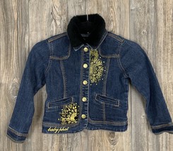 Baby Phat Denim Blue Jean Jacket Youth Girls 5/6~Faux Fur Collar Gold Cat Logo - $9.90