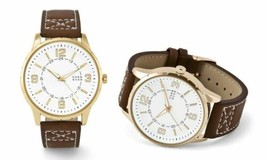 NEW Oak &amp; Rush 2393E-OR Mens White Dial with 24hr Track Brown Leather Gold Watch - £12.33 GBP