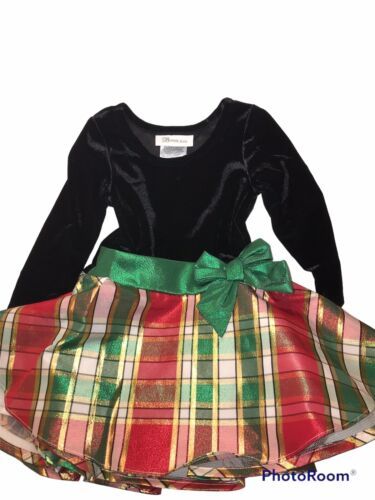 Toddler Girl Bonnie Jean Black Velvet Christmas Holiday Dress Size 2t Green Red - £22.09 GBP