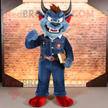 Navy Devil mascot costume character dressed with a Denim Shirt and Wallets - £1,063.22 GBP