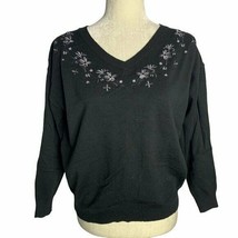 Earth Music Ecology Embroidered Bead Sweater M Black Long Sleeve V Neck - $27.83
