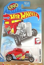 2021 Hot Wheels #27 Mattel Games-UNO 1/5 &#39;32 FORD Red w/Chrome RS5 Spokes - £5.44 GBP