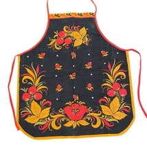 Vtg Full Apron Strawberry Floral Print Black Red Green Kitchen Decor Linen - £10.11 GBP