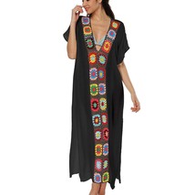 Crochet Colorful Floral Patchwork Beach Tunic Kaftan Dress Black Women Long Swim - £39.95 GBP