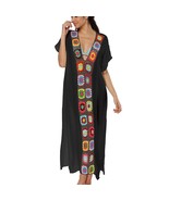Crochet Colorful Floral Patchwork Beach Tunic Kaftan Dress Black Women L... - £39.30 GBP