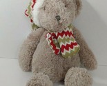 Plush tan teddy bear Red green chevron white striped winter hat scarf  - £11.66 GBP