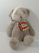 Plush tan teddy bear Red green chevron white striped winter hat scarf  - £11.68 GBP