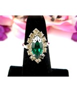 Sarah Coventry RING Vintage GREEN MARQUISE Clear Rhinestones Silvertone ... - $27.15 CAD
