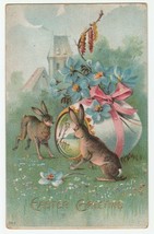 Vintage Postcard Easter Brown Bunny Rabbits Big Egg Forget Me Nots Embossed - £7.10 GBP