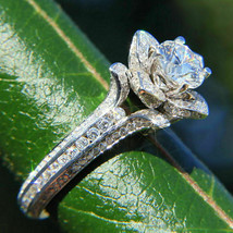 Round 3.00Ct Simulated Diamond White Gold Plated Lotus Engagement Ring Size 9.5 - £114.38 GBP