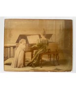 Antique Glass Photograph Women and Daughter Playing Piano 7&quot; x 9&quot; Reverse  - £47.13 GBP