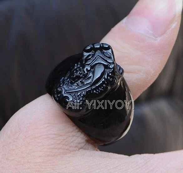 Beautiful Natural Black Obsidian Carved Chinese Amulet PiXiu Lucky Thumb Ring Fa - £22.52 GBP