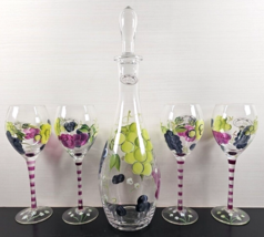 6 Pc Home Essentials Vintage Decanter Lid Water Wine Goblet Set Fruit Floral Lot - £70.43 GBP