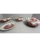 Vintage ENGLISH ABBEY Red Transfer Ware two Gravy Bowls, soup, one small... - €52,86 EUR