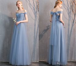 Dusty Blue Bridesmaid Dress Off Shoulder Sweetheart Tulle Empire Dress image 11