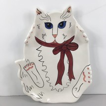 Cats By Nina Lyman Ceramic Platter Tray White Blue Eyes Red Bow Serving Plate - £19.97 GBP