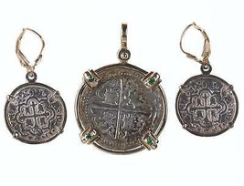 14k/emerald mounted Atocha Shipwreck replica coin Earrings/pendant - $805.61