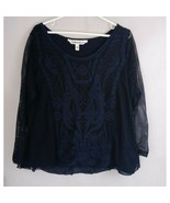 Tantrums Women&#39;s Dark Blue Sheer Floral Lined Lace Blouse Size Large - £13.05 GBP