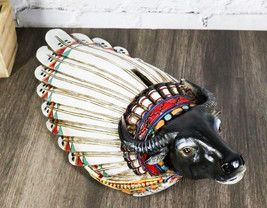 Tribal Southwest Black Buffalo With Indian Chief Headdress Piggy Money Coin Bank - £27.48 GBP
