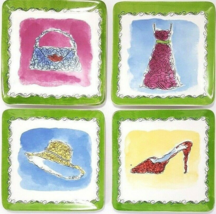 Pier 1 Appetizer or Snack Plates 6&quot; Sq Dress Hat Purse &amp; High Heel Set Of 4 - $20.56