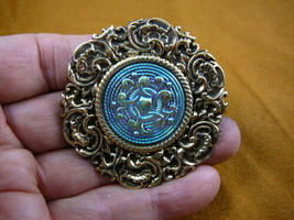 (z22-7) Blue green flower design Czech glass button scrolled brass brooch pin - £18.67 GBP