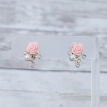 Vintage Clip On Earrings Dainty Rose with Clear Gems &amp; Faux Pearls - $16.99