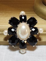 Vintage Faux Pearl &amp; Black Rhinestone Silver Tone Brooch Pin Timeless Je... - $27.10 CAD