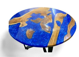 Live Edge Wooden Round Ocean Blue Epoxy Table Top Handmade Resin River Furniture - £188.07 GBP+