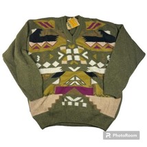 Vtg 80s Mens Lambs Wool Sweater Marco Polo’s King Cross Green Geometric Pattern - £31.74 GBP