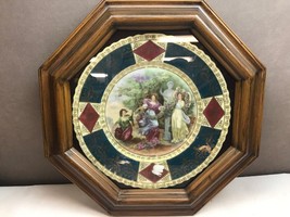 Vintage Austrian Decorative Painted Plate Wood Framed Octagon Three Women Flower - £60.92 GBP