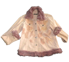 Hazel Brand Size L Light Mauve Twill Beaded Faux Fur Trimmed Jacket-READ... - £7.81 GBP
