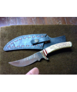 Fixed blade skinner damascus blade antler handle Rite Edge laced leather... - $50.00