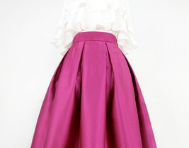 Burgundy Taffeta Pleated Midi Skirt Women Custom Plus Size A-line Party Skirt image 9