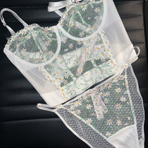 Victoria&#39;s Secret Unlined 34DD Corset Top Bra Set Xl Panty White Daisy Embroider - £62.48 GBP