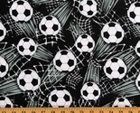 Cotton Soccer Balls Futbol Nets on Black Sports Fabric Print by the Yard... - $11.95