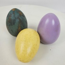 Vintage Wood Eggs Blue Purple Yellow Figurine 2.25 Inch LOT OF 3 Total - £13.28 GBP