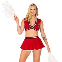 Cheerleader Costume Set Bedazzled Crop Top Mini Skirt Pom Poms School Red 5126 - £44.15 GBP