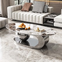 49.2&quot; Oval Faux Marble Coffee Table | Living Room Stainless Steel Base - $473.99