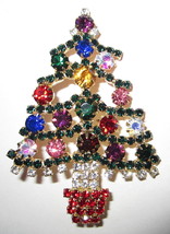 Christmas Tree Brooch Pin Multi Colored Rhinestones All Stones Prong Set - £18.30 GBP