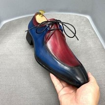 New Handmade Men&#39;s Blue Burgundy Leather Chiseled Lace Up Oxford Dress S... - $128.69