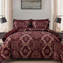 Wongs Bedding Burgundy Comforter Set Queen Size, Maroon Damask, 2 Pillowcases - £62.25 GBP