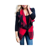 Buffalo Plaid Cardigan Sweater   Waterfall Hem Side Pockets Red &amp; Black ... - £31.48 GBP