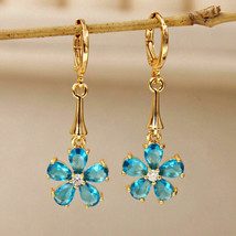 2.50Ct Pear Cut CZ Blue Topaz Drop/Dangle Flower Earrings 14K Yellow Gold Finish - £124.56 GBP