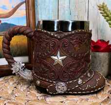 Rustic Western Cowboy Boot W/ Lone Star And Spur Faux Tooled Leather Coffee Mug - £24.37 GBP