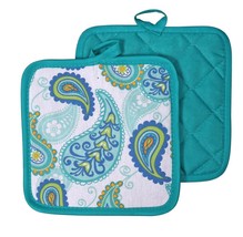 Kitchen Pot Holders Set of 2, Turquoise Paisley Oven Mitts Potholder, Blue Green