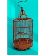 Vintage Bamboo &amp; Teak Bird Cage 17&quot; Curved Asian Chinoiserie Double Loop - $168.29